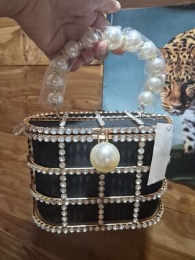 Black Pearl-Accent Crystal Cage Wristlet
